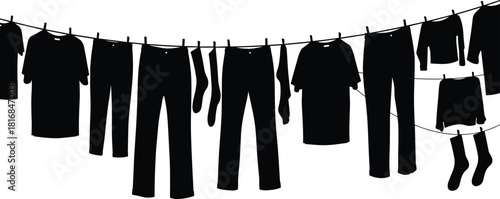 Black silhouettes of clothes hanging on a washing line isolated on white background for laundry service and household cleaning chores vector illustration graphic design.