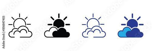 Weather icon representing partly cloudy conditions with sun peeking through clouds, presented in multiple styles for versatility and design applications.