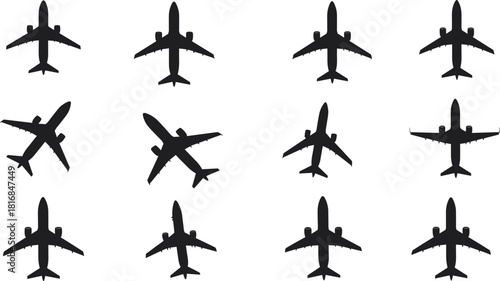 Collection of black commercial airplane silhouettes isolated on white background showing different flight angles and aviation transport models for travel and airport vector design.