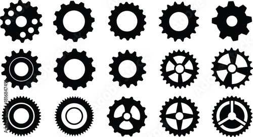 Collection of black gear and cogwheel silhouettes in various mechanical styles, creating a detailed vector set for engineering, machinery design, industrial graphics, technology concepts