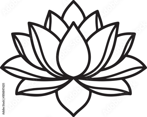 A simple elegant black and white line drawing of a lotus flower with multiple layers of petals isolated on transparent background