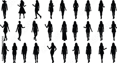 Collection of black silhouettes of women walking forward in fashionable dresses and poses isolated on white background for vector design and people illustration sets.