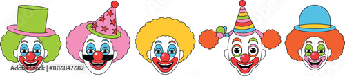 Collection of colorful clown faces with playful expressions, bright wigs, funny hats, makeup designs, and cheerful cartoon characters ideal for festivals, parties, and fun artwork.