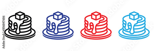 Stack of four stylized pancakes with syrup and butter icon in black, blue, red, and light blue line art, isolated