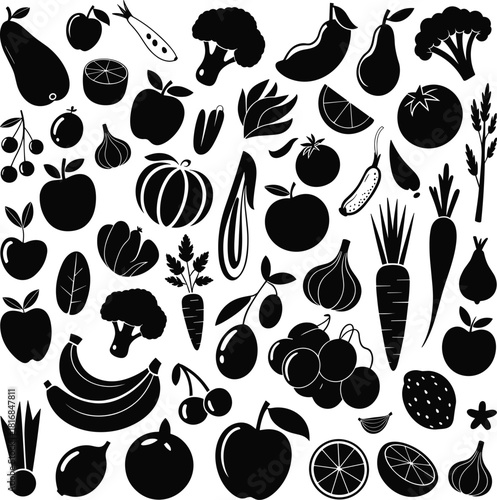 Collection of fruit and vegetable silhouettes featuring assorted produce shapes ideal for healthy food designs, nutrition graphics, organic themes, and creative vector projects.