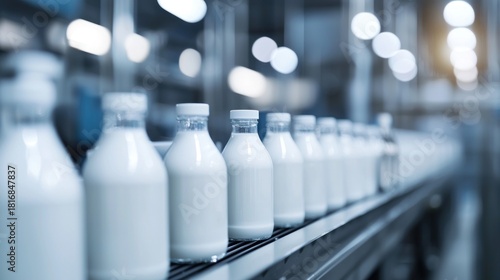 Milk bottles on production line