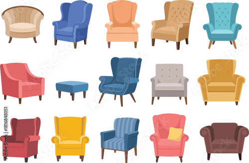 Colorful armchair illustration set featuring cozy furniture designs, upholstered chairs, modern home seating, interior elements, decorative lounge pieces, and stylish household comfort graphics.