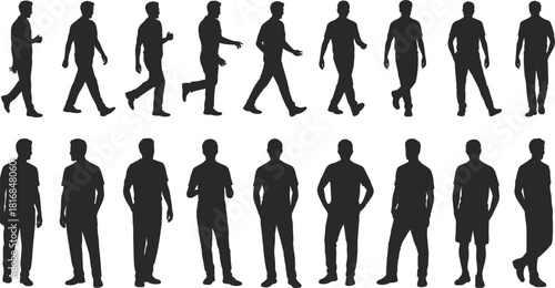 Collection of walking and standing male silhouettes in various poses, detailed vector set of human figure outlines for design, motion studies, and illustrations