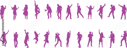 Dancing party silhouettes of people celebrating with energetic poses, festive movement, joyful dance actions, abstract human figures, modern vector illustration for event and celebration themes.