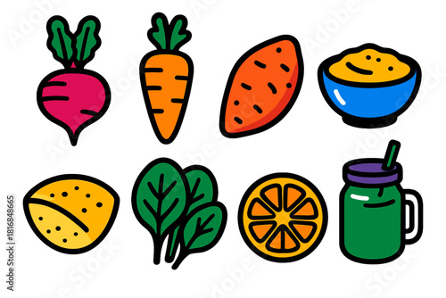 Colorful Vegan Icons. Colorful Vegan Plates silhouette icon set. beetroot, carrot, sweet potato, hummus dip, pita bread, spinach leaves, citrus slice, smoothie jar