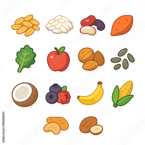 Healthy Food Icons. Whole Food Ingredients flat icons set. oats, rice, beans, sweet potato, kale, apple, nuts, seeds, coconut, berries, banana, corn