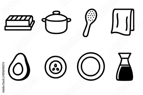 Home Sushi Essentials. Home Sushi Kit linear icon set. sushi mold, small pot, rice scoop, kitchen towel, avocado, cucumber slice, plate set, soy bottle