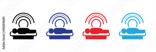 Human lying on a medical bed with radiating signal waves above head, in black, blue, red, and cyan icons, isolated