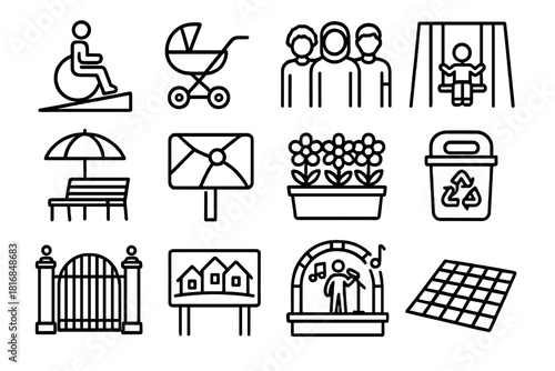 Inclusive Park Symbols. Inclusive Public Spaces linear icon set: wheelchair ramp, stroller, diverse group, playground swing, shaded bench, map sign, flower planter, recycling bin