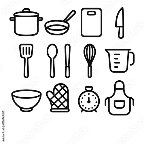 Kitchen Utensil Icons. Kitchen essentials linear icon set. pot, pan, cutting board, knife, spatula, spoon, whisk, measuring cup, bowl, oven mitt, timer, apron