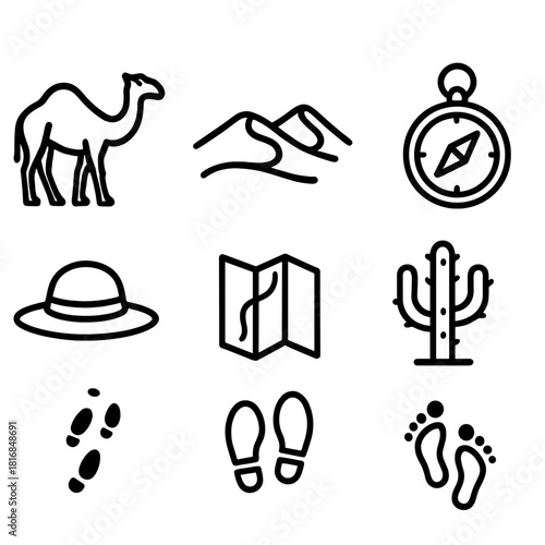 Desert Exploration Icons. Desert Expeditions linear icon set. camel, sand dunes, compass, water bottle, sun hat, map, cactus, footprints