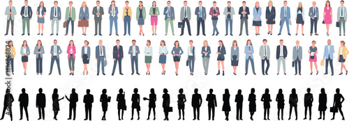 diverse business professionals in various standing poses featuring full-color characters and matching silhouettes for corporate design.