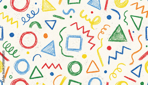 Funky crayon drawn geometric shapes and lines. Colorful pencil or chalk drawn naive Swiss design aesthetic. Basic geometric shapes, dots, playful pattern, primitive forms and figures