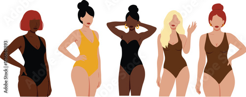 Diverse women in swimsuits illustrated in modern flat vector style, featuring various poses, body types, fashion concepts, beauty themes, summer design elements, and feminine character graphics.