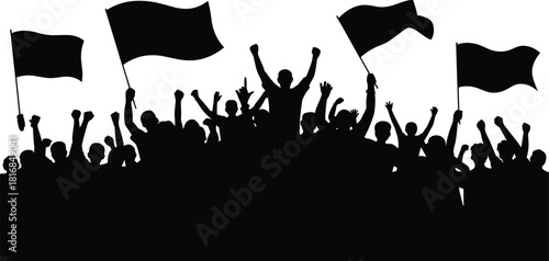 Energetic crowd silhouette waving flags in unified celebration, expressing support, enthusiasm, and solidarity at a large public gathering, protest, rally, or event.