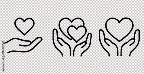 Hands Holding Heart Outline Symbol of Care Love Charity Help and Support Concept Vector Illustration Isolated on Transparent Background Set of Different Styles