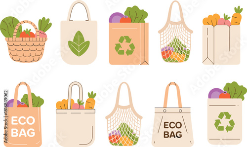 Eco bag illustration set featuring reusable shopping bags, vegetables, groceries, sustainability icons, zero-waste lifestyle elements