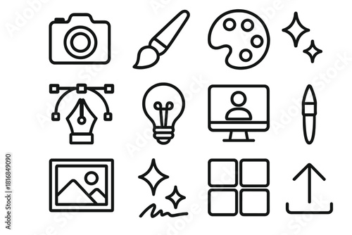 Artistic Digital Icons. Creative Digital Identity linear icon set: camera, paintbrush, color palette, pen tool, idea bulb, computer screen, avatar icon, art frame, sparkles