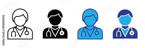 Set of four doctor icons, each representing a medical professional with a stethoscope, in line art, solid black, and two blue color variations.
