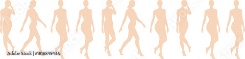 Female walking silhouette sequence illustrating fashion model poses, dynamic movement, body outline shapes, elegant posture variations, and minimal vector figures for creative design use.