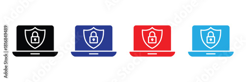 Laptop computer icons with shield and padlock symbols representing digital security, data protection, and online safety in various colors.