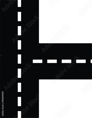 A simple black road intersection with white dashed lane markings isolated on transparent background