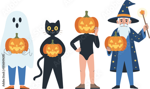 Funny Halloween friends standing together wearing costumes of ghost black cat pumpkin head and wizard with magic wand holding orange pumpkins vector illustration isolated.