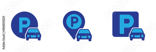 Collection of diverse parking symbols including circular, pin, and square designs with car icons, representing various parking services and locations.