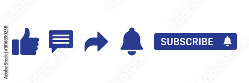 Social media engagement icons: like, comment, share, bell notification, and subscribe button set on a white background