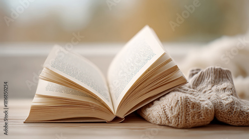 Cozy autumn afternoon with open book and knit socks by the window