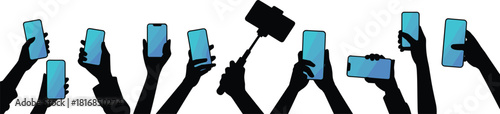 Hands Silhouettes Holding Modern Mobile Smartphones in Various Poses, Including Taking a Selfie with a Stick, for Technology, Communication, and Digital Life Concepts