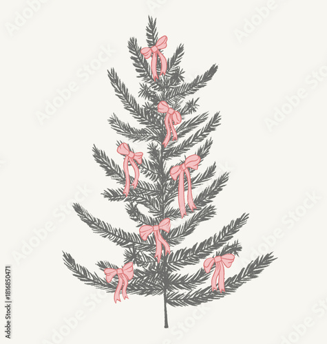 Sketch of Christmas tree with pink bows. Hand-drawn art. Vector illustration.