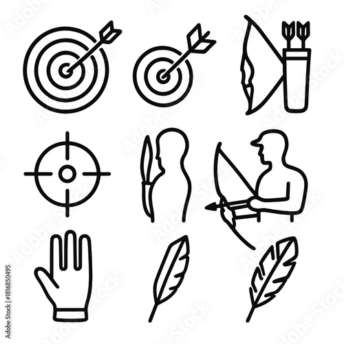 Archery Icon Set. Target Practice linear icon set. bullseye, arrow, bow, quiver, archer silhouette, aiming sight, glove, feather fletching