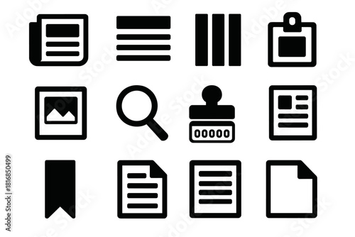 Brutalist Newspaper Icons. Newspaper Elements Set silhouette icon set: folded newspaper, headline block, column lines, photo placeholder, magnifying glass, press badge, type bar