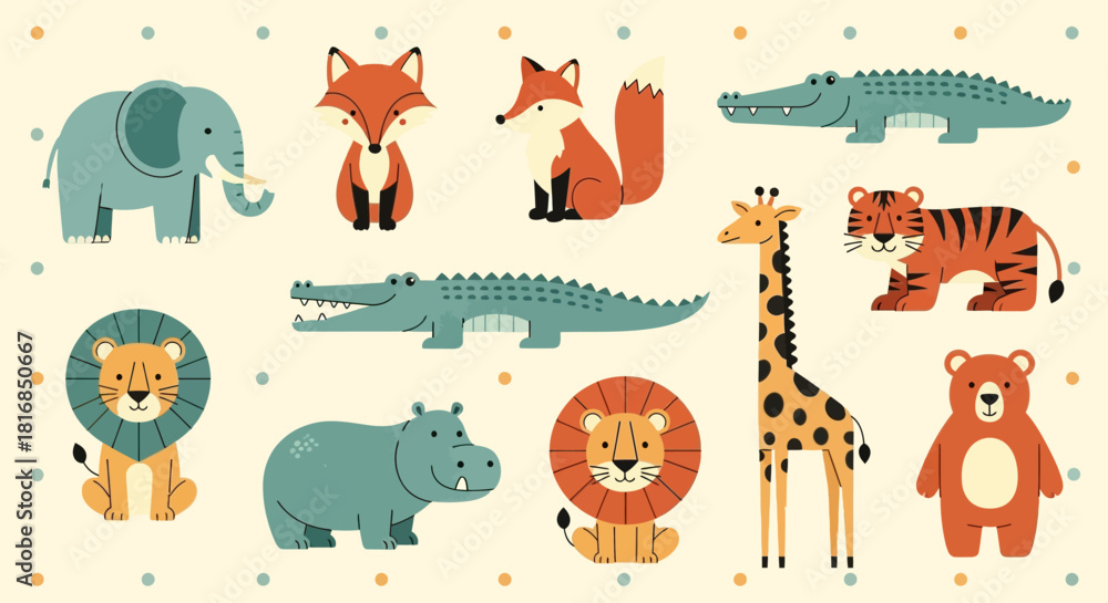 Obraz premium Adorable Cartoon Animals Collection Featuring Elephant, Fox, Crocodile, Lion, Tiger, Giraffe, and Bear
