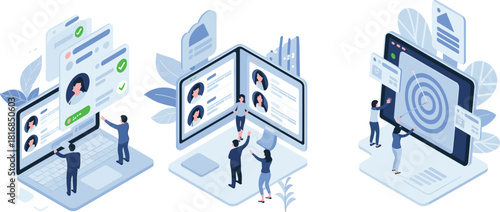 Isometric business technology illustration set featuring digital profiles, online recruitment, teamwork collaboration, data management, and goal targeting on laptops and large interactive screens