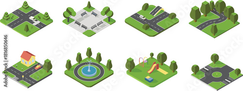 Isometric city map builder vector set featuring park landscape elements like roads trees playground fountain and intersections for urban planning game design