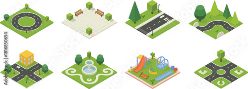 Isometric city elements illustration set featuring roads, intersections, parks, playgrounds, houses, roundabouts, and landscape graphics for urban planning, map creation,