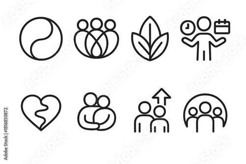 Family Wellness Icons. Family wellness planning symbols linear icon set: harmony circle, unity loop, wellness leaf, balanced routine icon, heart pathway, supportive ring, guidance
