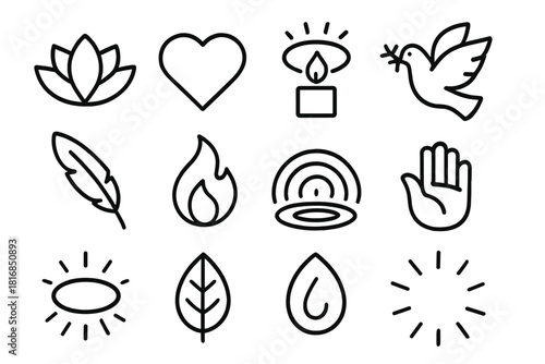 Symbols of Spirituality. Spiritual Compassion linear icon set. lotus flower, heart, candle, aura ring, dove, feather, flame, water ripple, hand, halo, leaf, light ray. , .