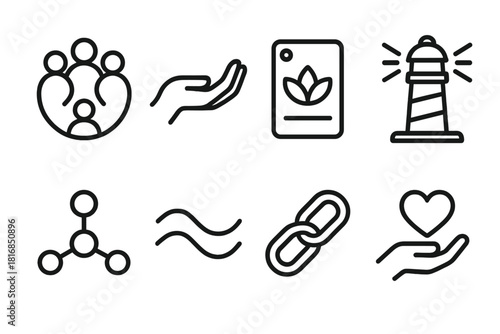 Community Wellness Icons. Wellbeing Network linear icon set: community circle, supportive hand, wellness card, calm beacon, shared resource icon, gentle wave, unity link, care node