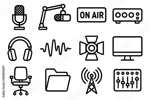 Podcast Studio Icons. Podcast Studio Setup linear icon set: condenser mic, boom arm, on-air sign, audio interface, headphone set, waveform, soundboard, studio light, desk monitor