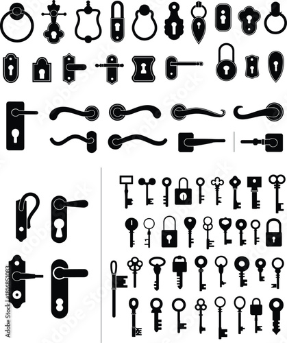 Large vector silhouette collection of antique and modern keys locks keyholes and door handles isolated on white background for security and access design elements