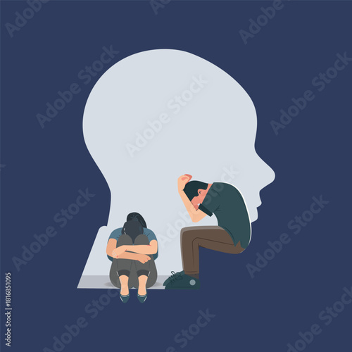 A powerful emotional vector illustration showing a man and a woman sitting in distressed postures inside the silhouette of a human head