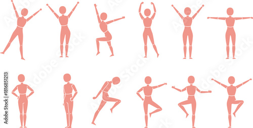 Mannequin figure poses in various standing and action positions, simple flat vector set for drawing reference, animation practice, gesture studies, character design, and art learning.